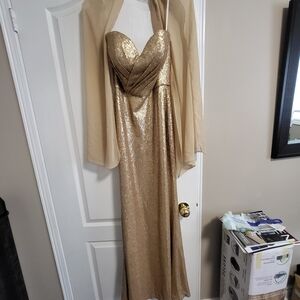 Gold Sequin Strapless Gown with Sheer Shawl